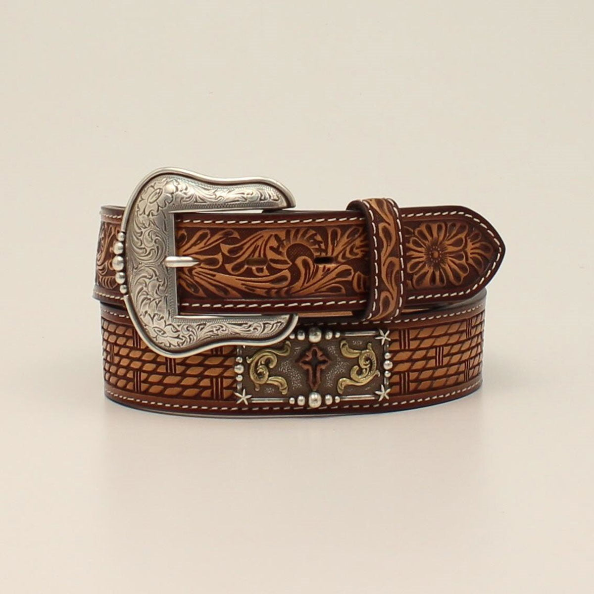 Men's Brown & Tan Cross Conchos Leather Western Belt