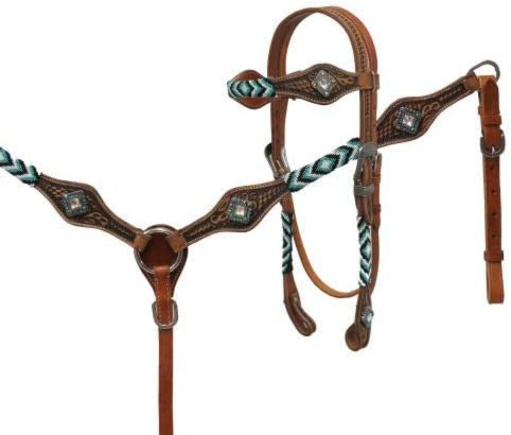 Medium Oil Leather Beaded Headstall & Breast Collar Set