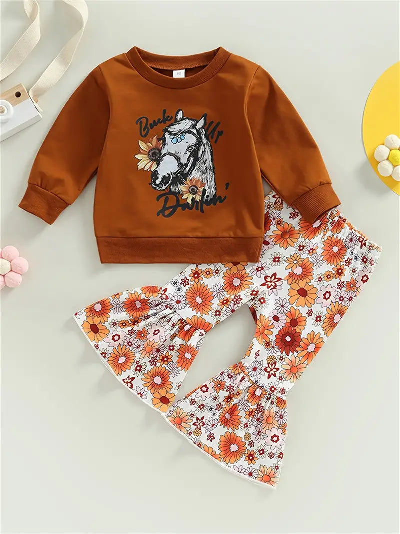 Girls Casual Cute Horse Head Print Sweatshirt & Floral Print Flared Pants Set