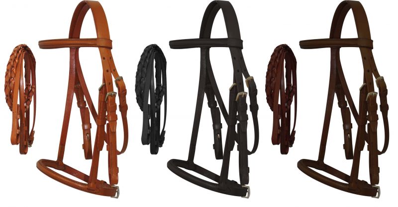 English Headstall With Raised Browband & Braided Leather Reins