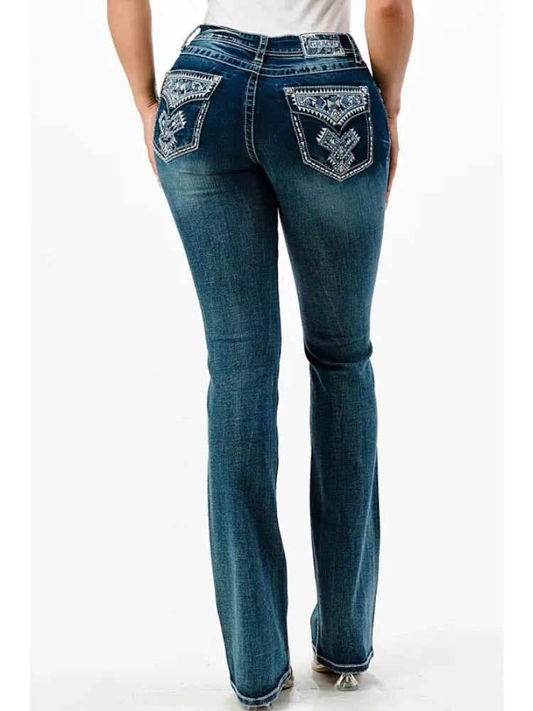 Western Embroidery Flap Mid Rise Boot Cut |EB-61735