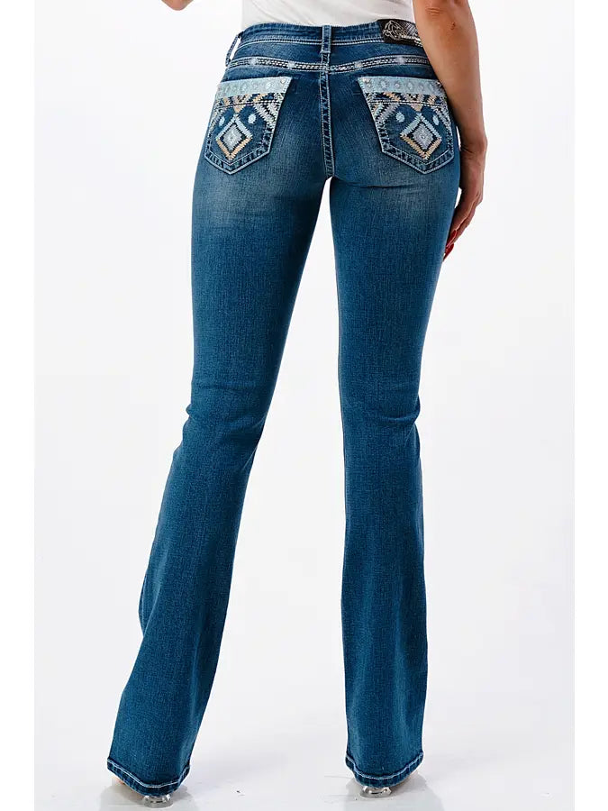 Grace In LA Aztec Embellishment Mid Rise Boot Cut Jeans
