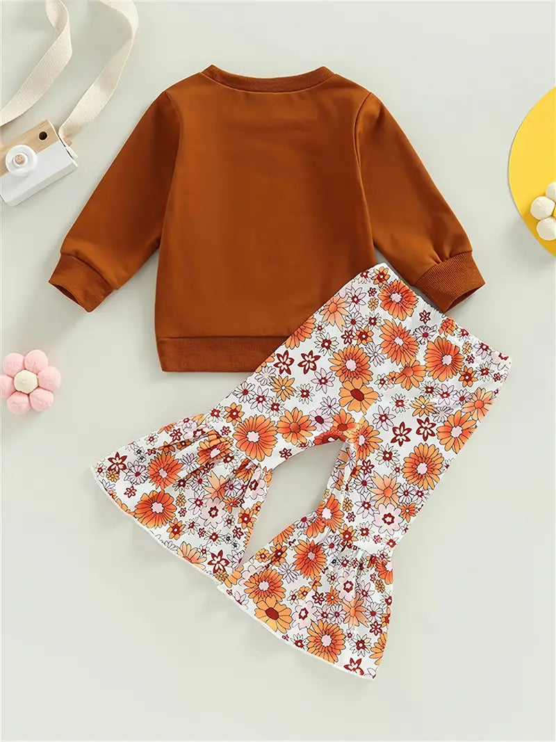 Girls Casual Cute Horse Head Print Sweatshirt & Floral Print Flared Pants Set