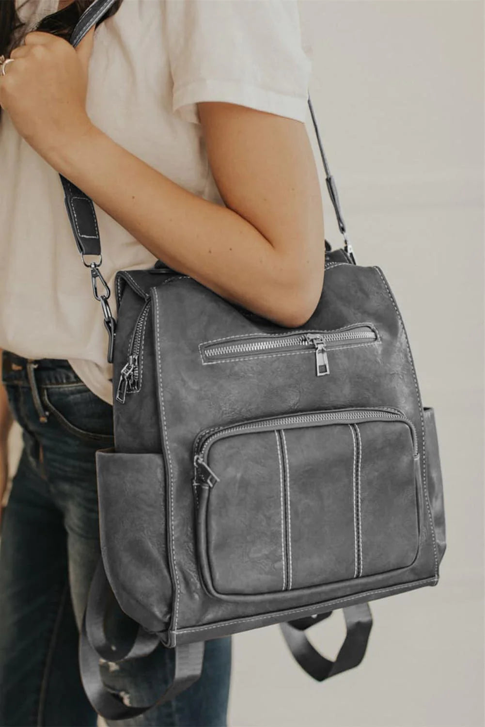 Gray Vegan Leather Convertible Backpack Crossbody Purse