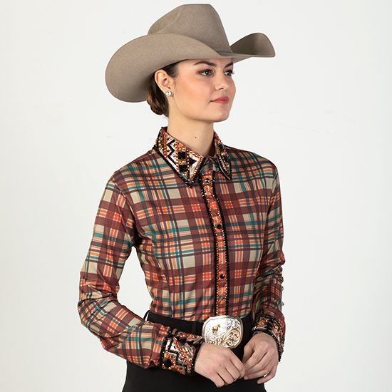 Copper Bling Plaid Western Show Shirt