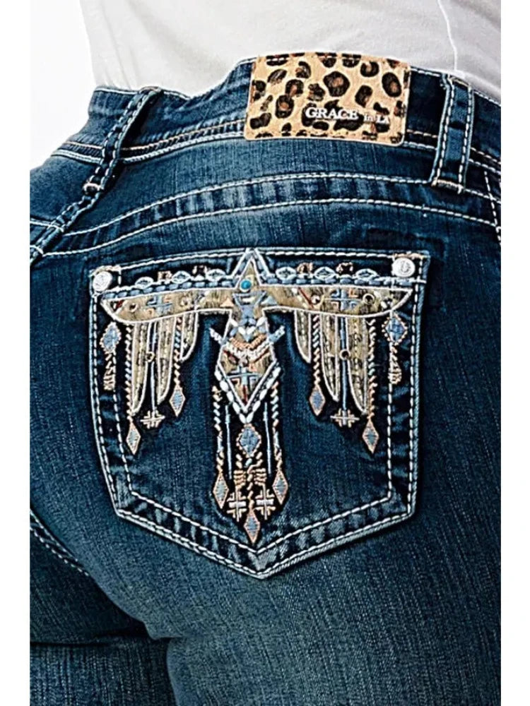 Grace In LA Bootcut Jeans w/ Eagle embellishment