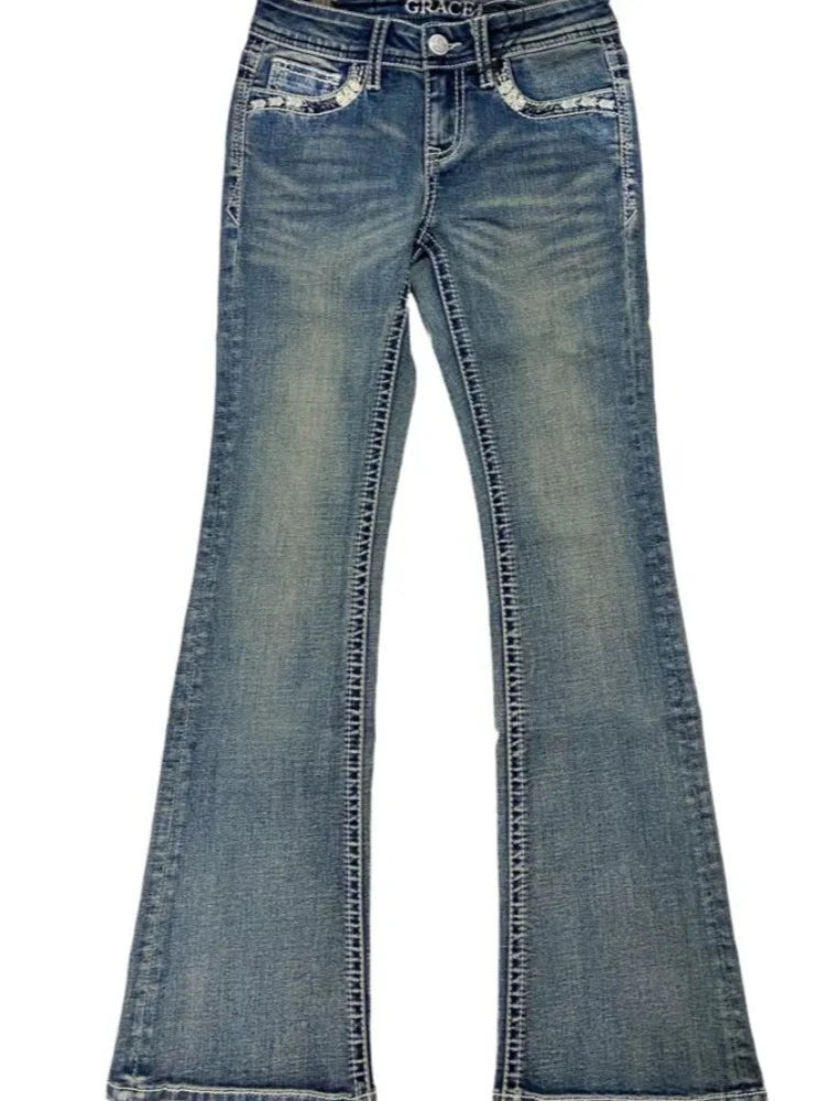 Grace in L.A Whimsical Cow Head Boot Cut Jeans