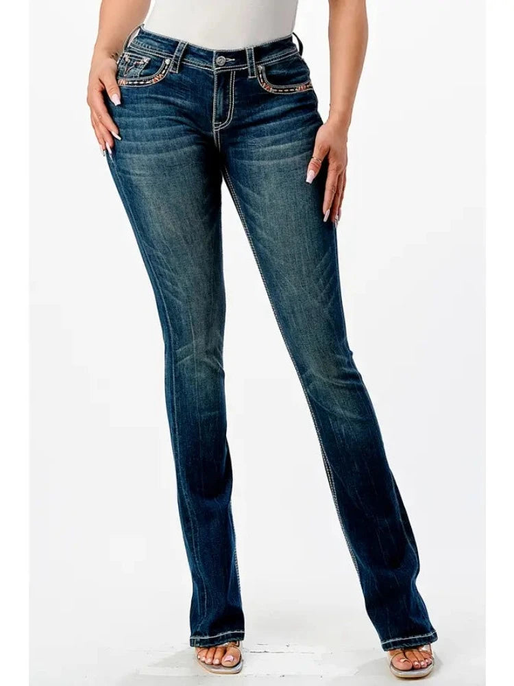 Embroidery Bull Head Mid Rise Boot Cut 32" Inseam | EB-81658