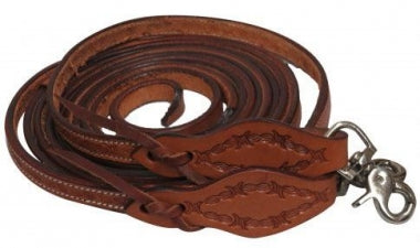 8' foot Argentina Cow Leather Split Reins w/ Barbed Wire Tooling Snap ends