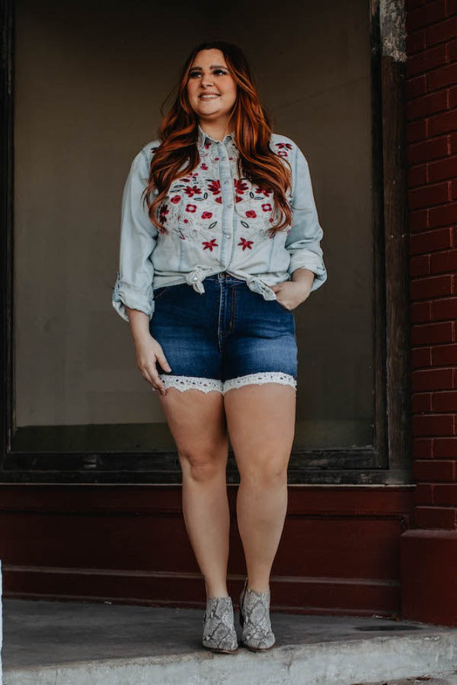 Women's Plus Size Lucky & Blessed Denim Shorts w/ Crochet Trim