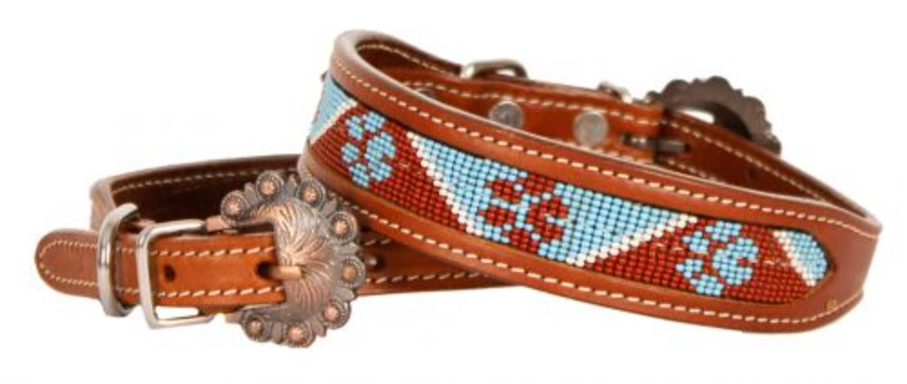 Beaded Paw Print Inlay Leather Dog Collar w/ Copper Buckle
