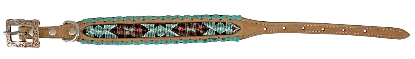 Turquoise & White Beaded Leather Dog Collar