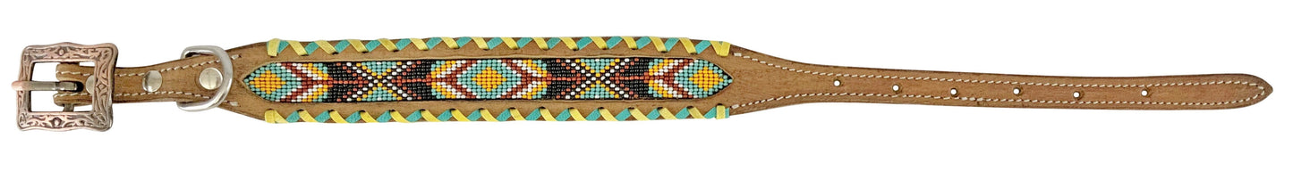 Genuine Leather Turquoise & Yellow Beaded Dog Collar
