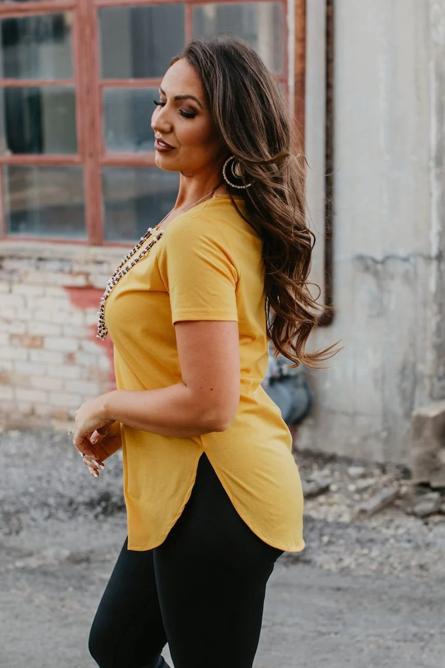 Women's Mustard Yellow Curved Hem Short Sleeve Shirt / Top