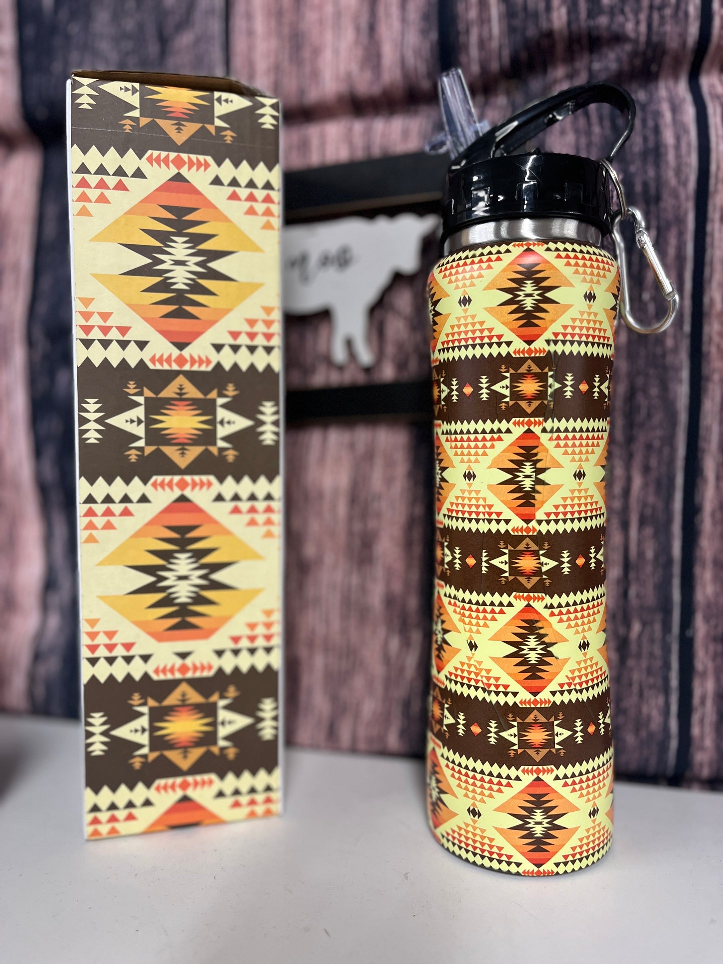 Cream Flip Top Aztec print Water Bottle w/ Straw