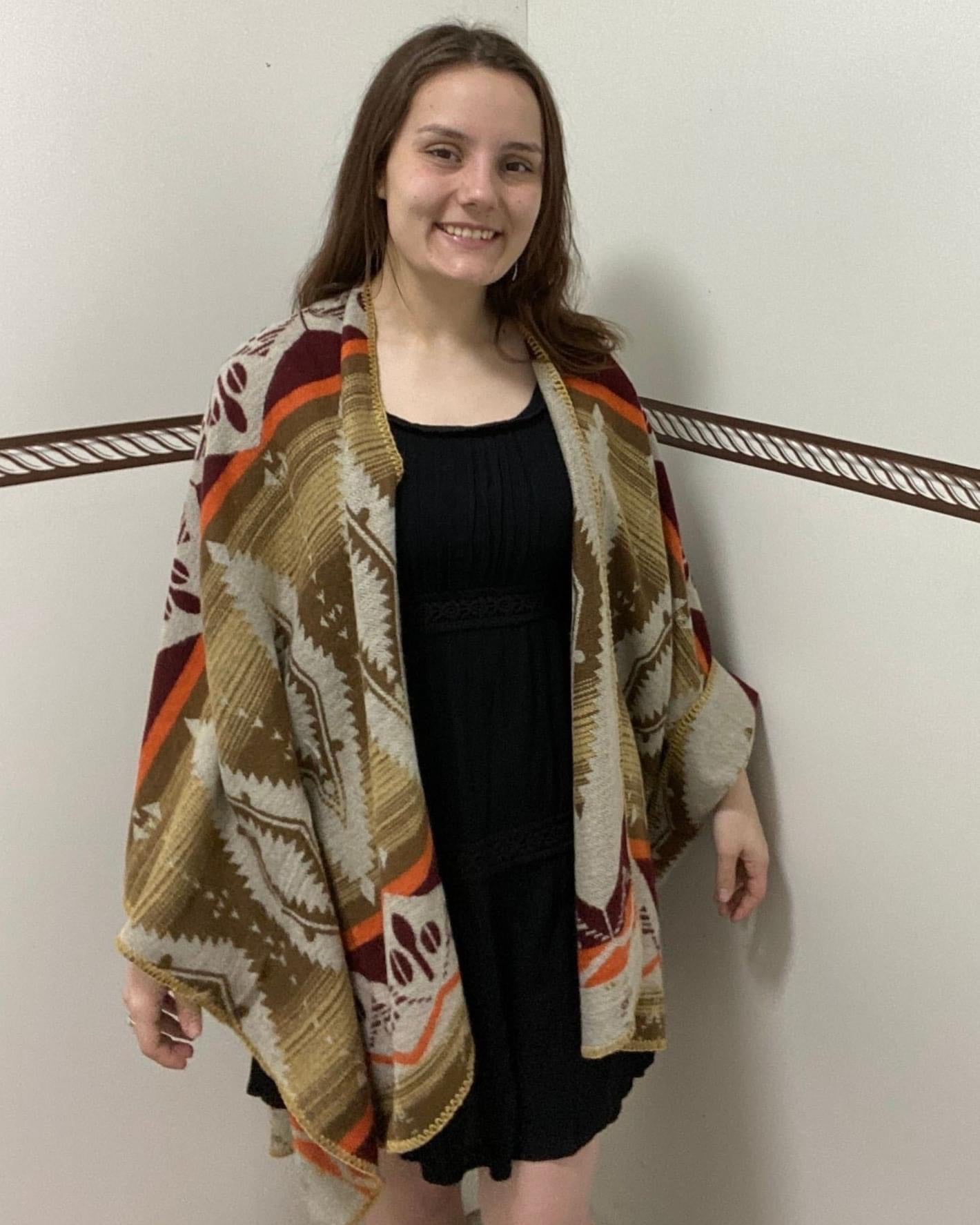 Tan & Burgundy Southwest Design Reversible Poncho