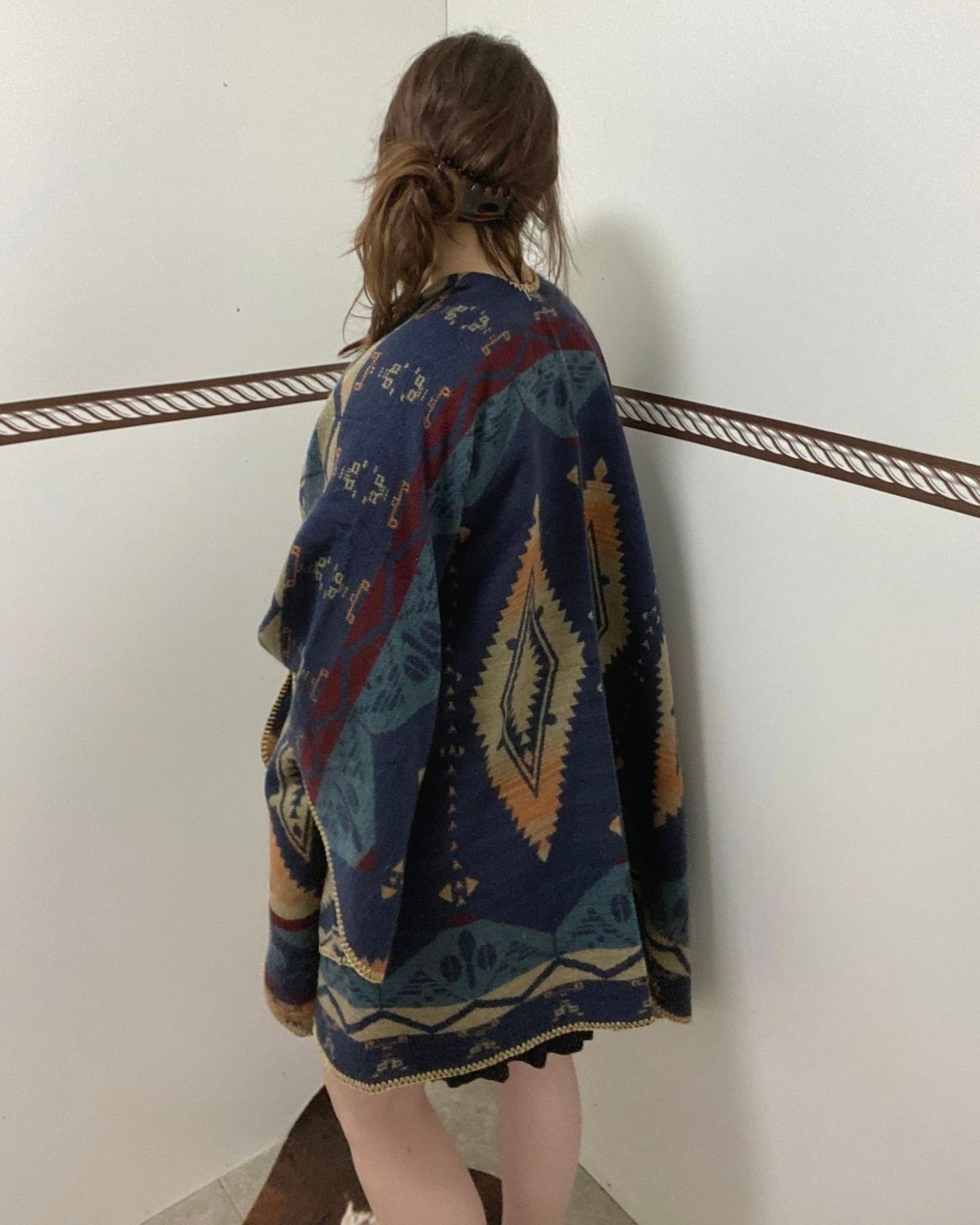 Dark Blue Southwest Design Reversible Poncho
