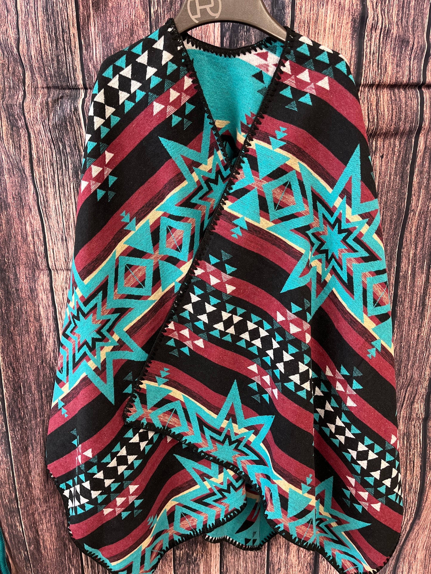 Turquoise & Burgundy Southwest Design Reversible Poncho