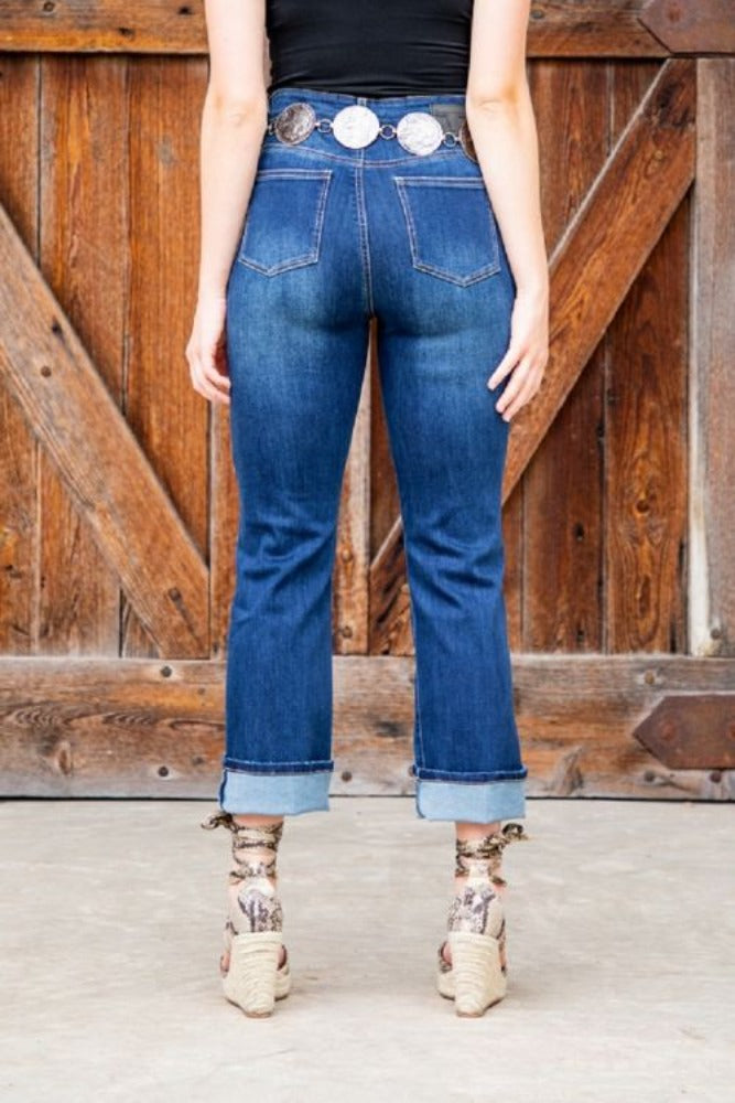 Women's Lucky & Blessed High Rise Jeans w/ Crochet Lace Knee Patch