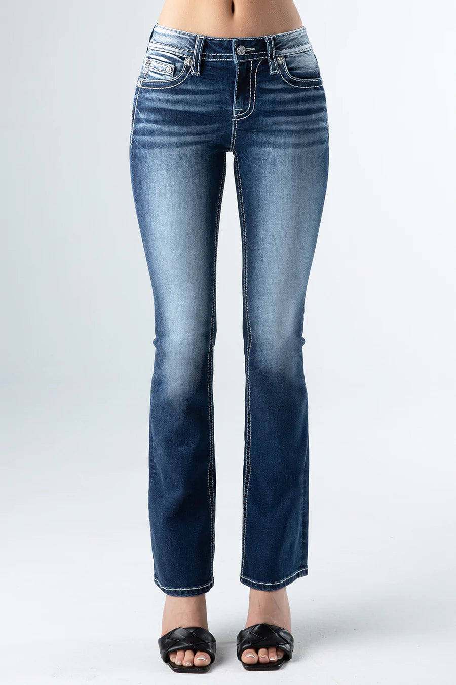 Women's Miss Me Double Horseshoes Bling Pocket Bootcut Jeans