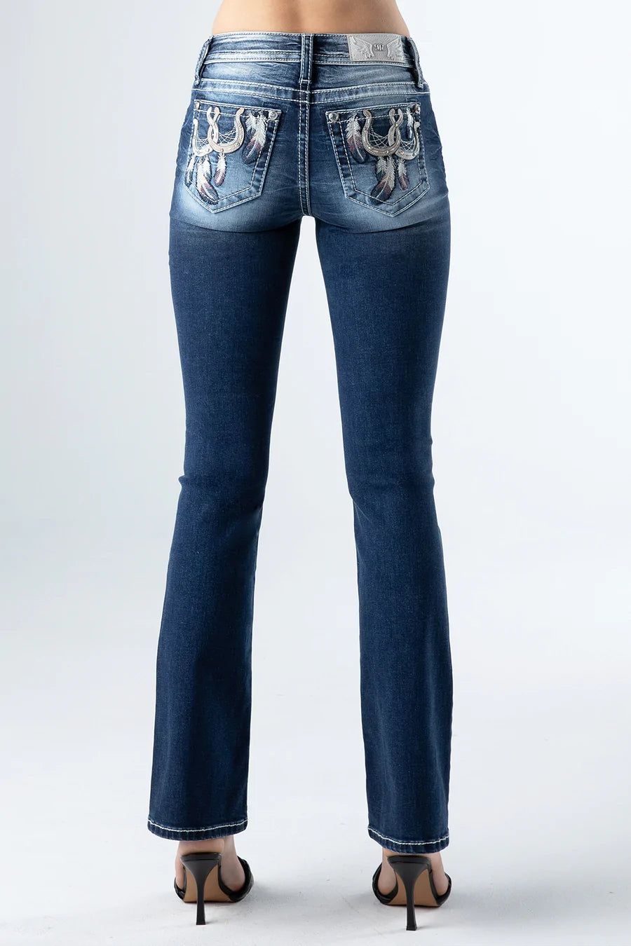 Women's Miss Me Double Horseshoes Bling Pocket Bootcut Jeans