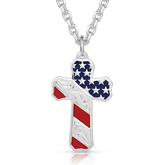 Montana Silversmiths 'Born In The USA' Patriotic Cross Necklace w/ 28" Chain