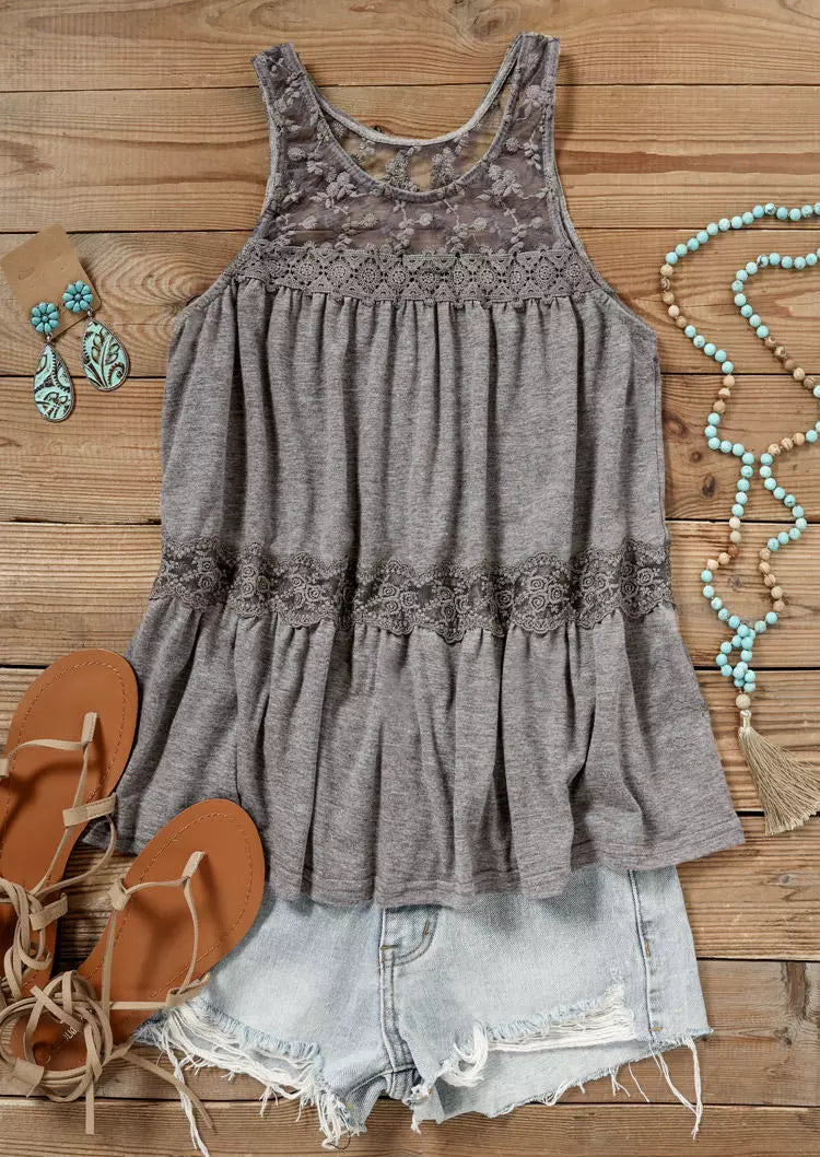 Women's Embroidered Gray Lace Tank Top