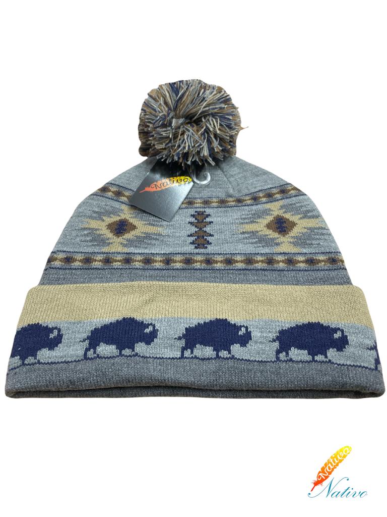 Gray Nativo Adult Knitted Buffalo & Aztec Print Beanie