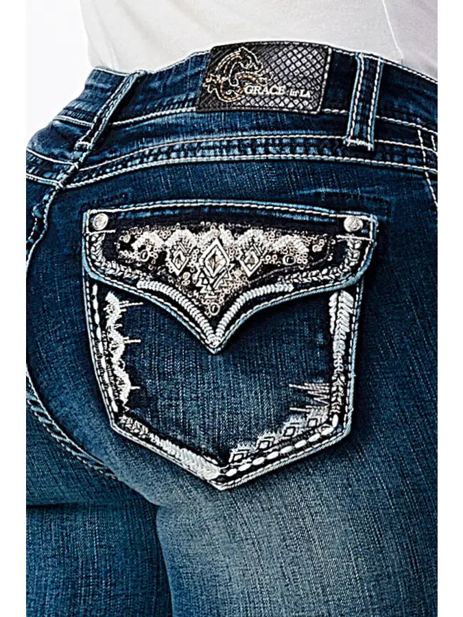 Grace In LA Aztec Embellishment Mid Rise Boot Cut Jeans