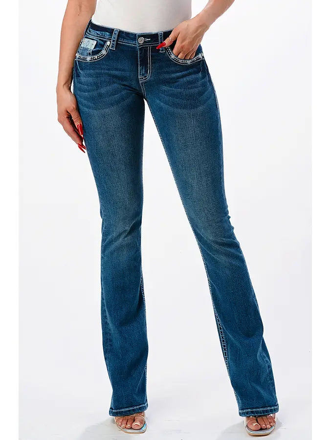 Grace In LA Aztec Embellishment Mid Rise Boot Cut Jeans