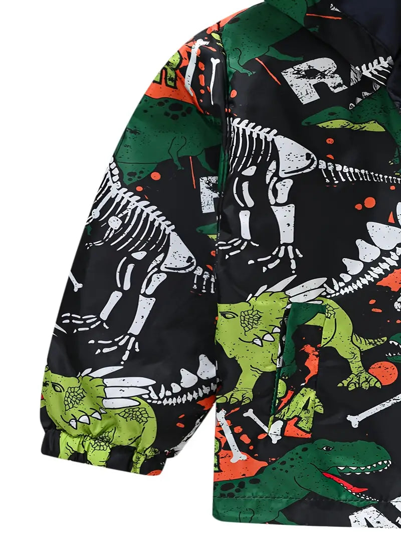 Boys Cartoon Dinosaur Print Zipper Hooded Jacket