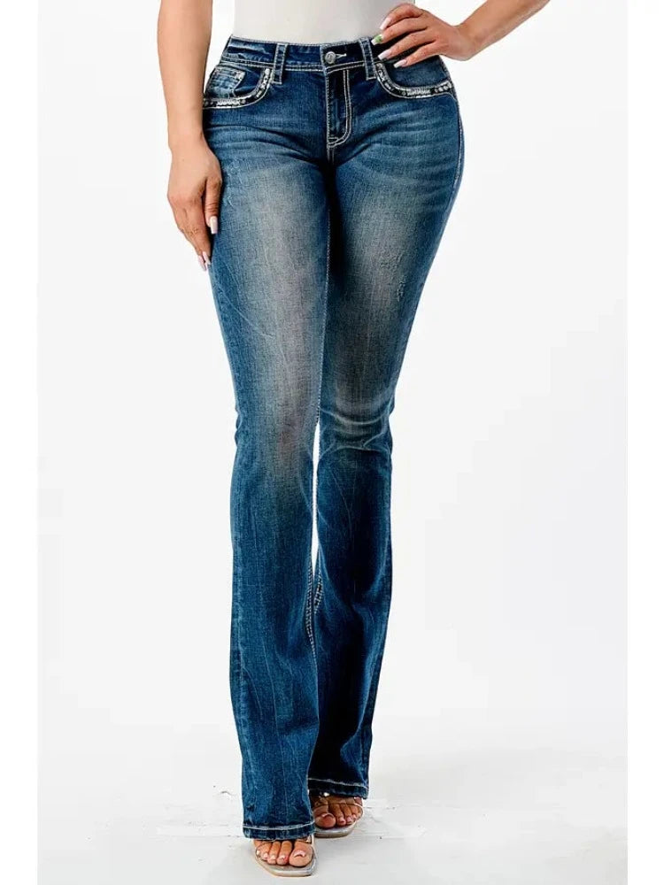 Women's Grace in LA Border Embroidery Mid Rise Bootcut Jeans