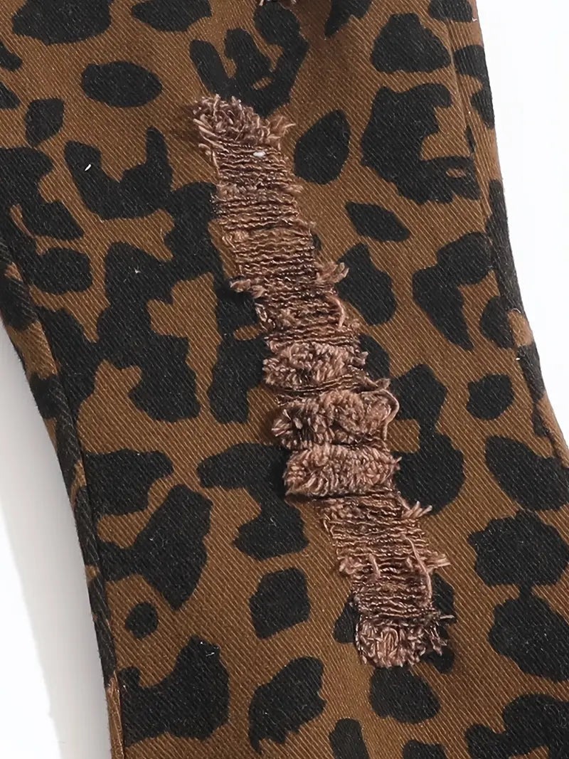 Girl's Leopard Print Ripped Flare Jeans