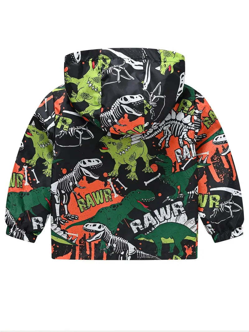 Boys Cartoon Dinosaur Print Zipper Hooded Jacket