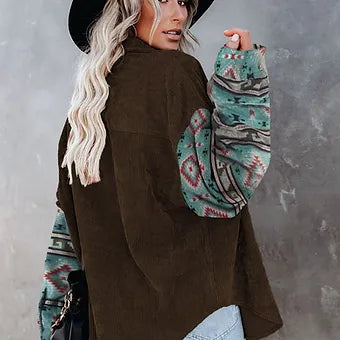 Women's Brown Corduroy Shirt w/ Aztec design sleeves