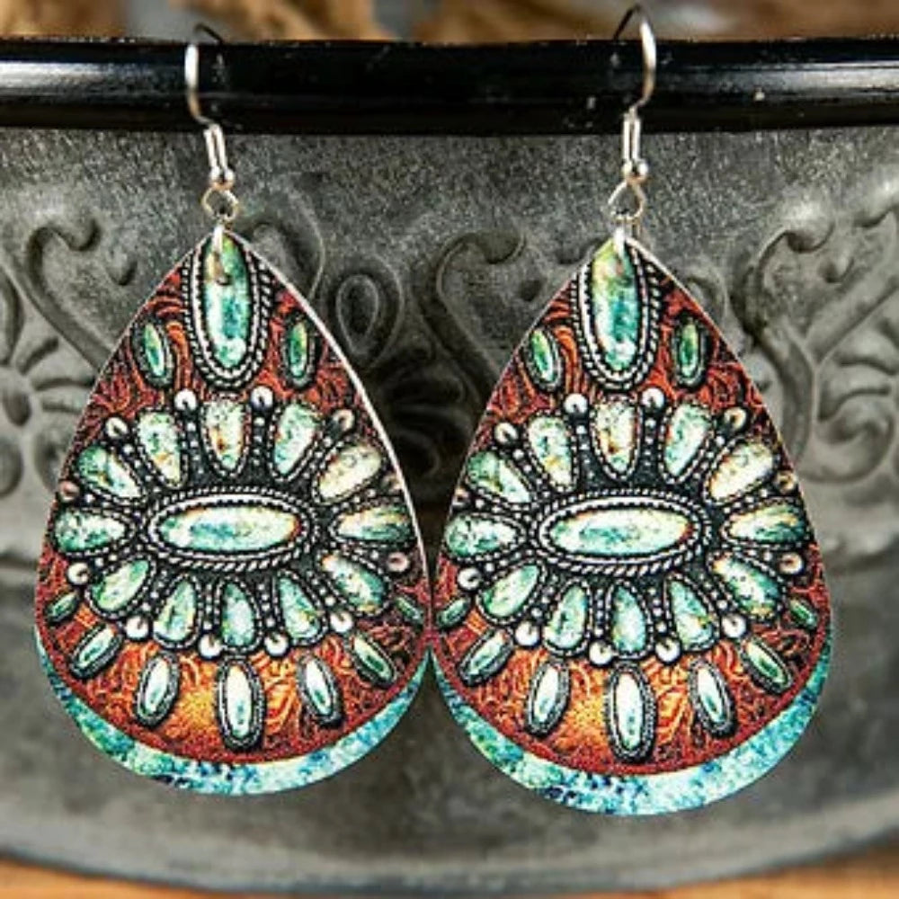 Brown Pattern Color Block PU Leather Earrings