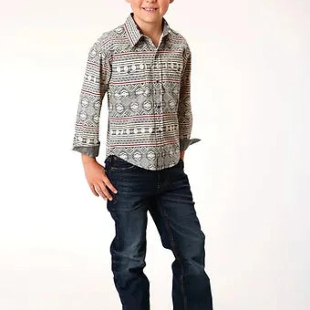 Boy's Roper Gray Aztec Horizontal Western Shirt
