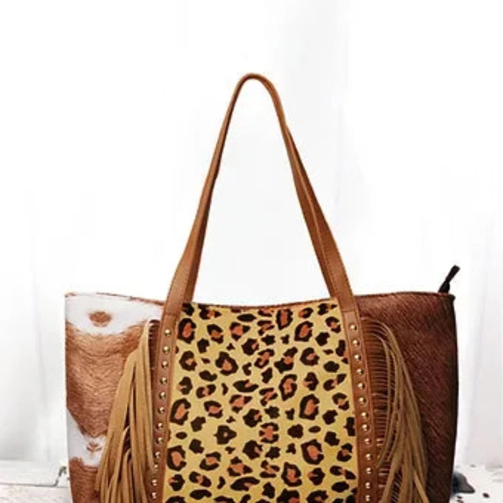 Leopard & Cowhide Print Tote Bag w/ Fringe