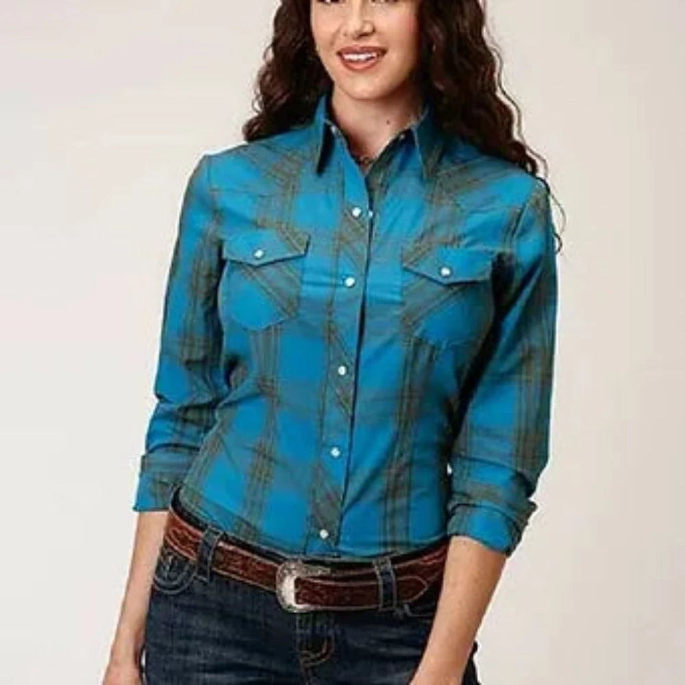 Roper Women's Blue & Green PLAID WESTERN SHIRT w/ Snaps Tack N More Roper Women's Blue & Green PLAID WESTERN SHIRT w/ Snaps Tack N More