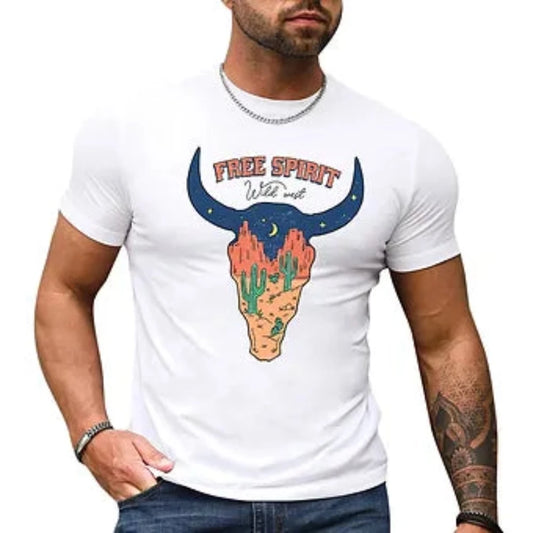 Men's White 'Free Spirit Wild West' Western Cow Head Print Shirt