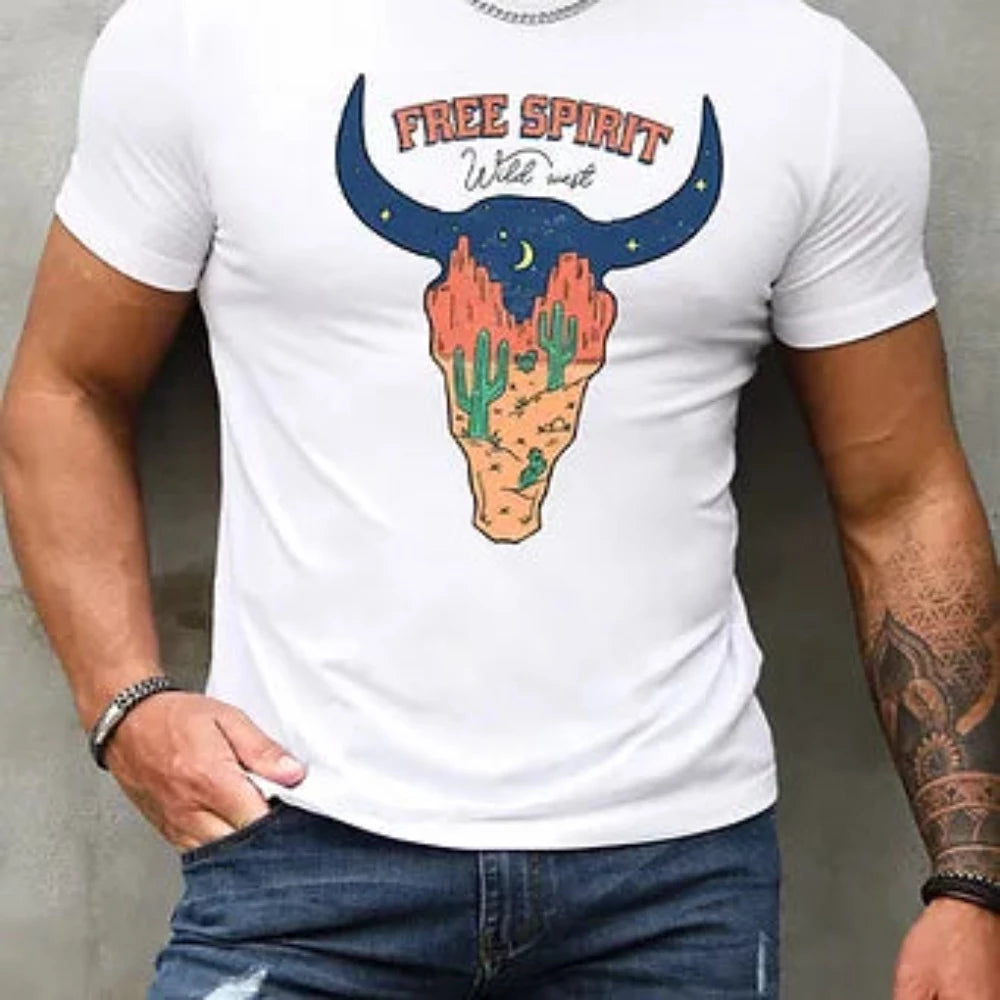 Men's White 'Free Spirit Wild West' Western Cow Head Print Shirt
