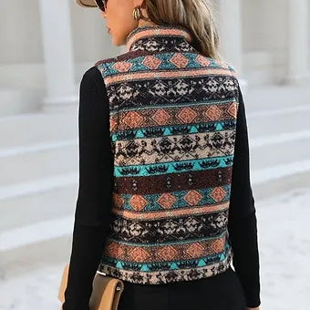 Geo Aztec Tribal Print Zip Up Fleece Vest