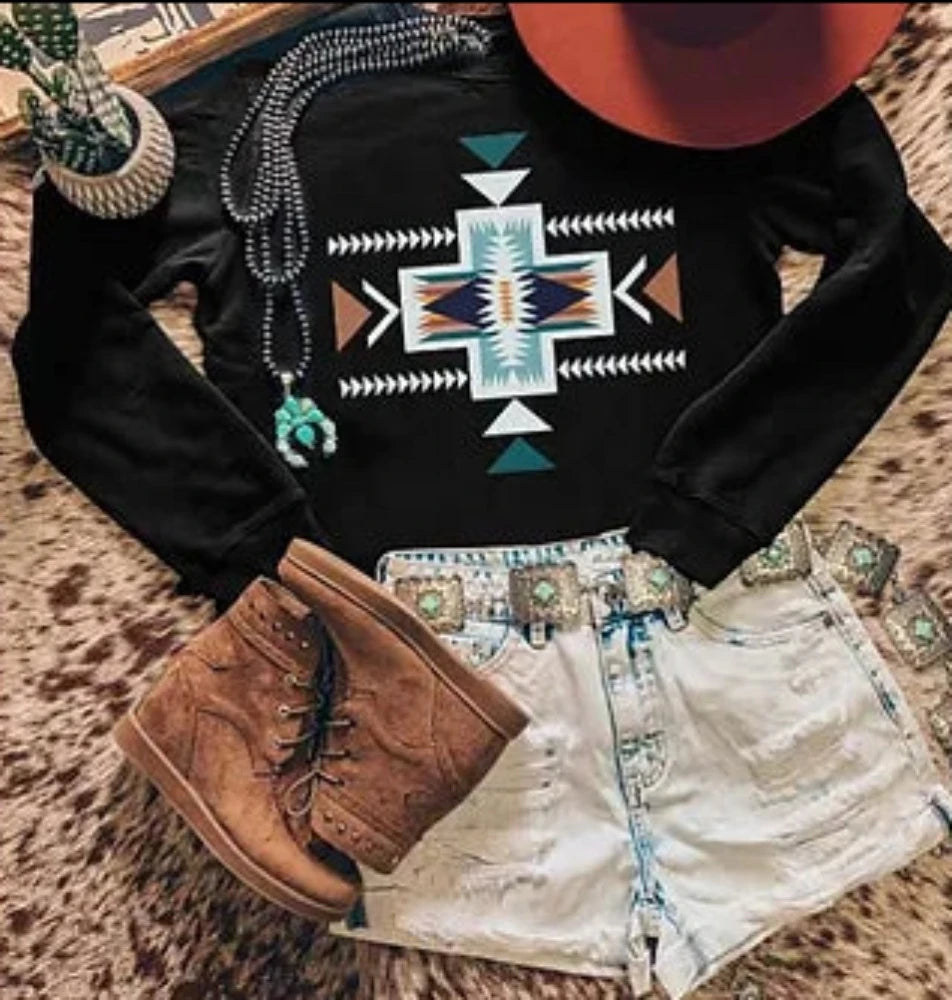 Women's Black Aztec Print Sweatshirt