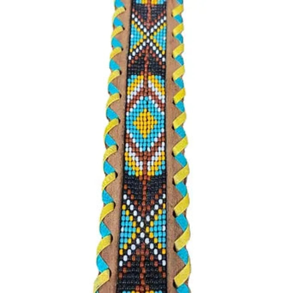 Genuine Leather Turquoise & Yellow Beaded Dog Collar
