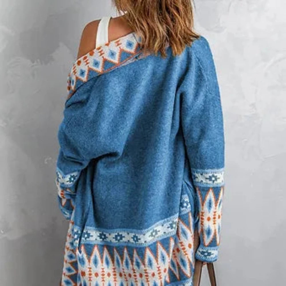 Light Blue Aztec Print Open Front Cardigan