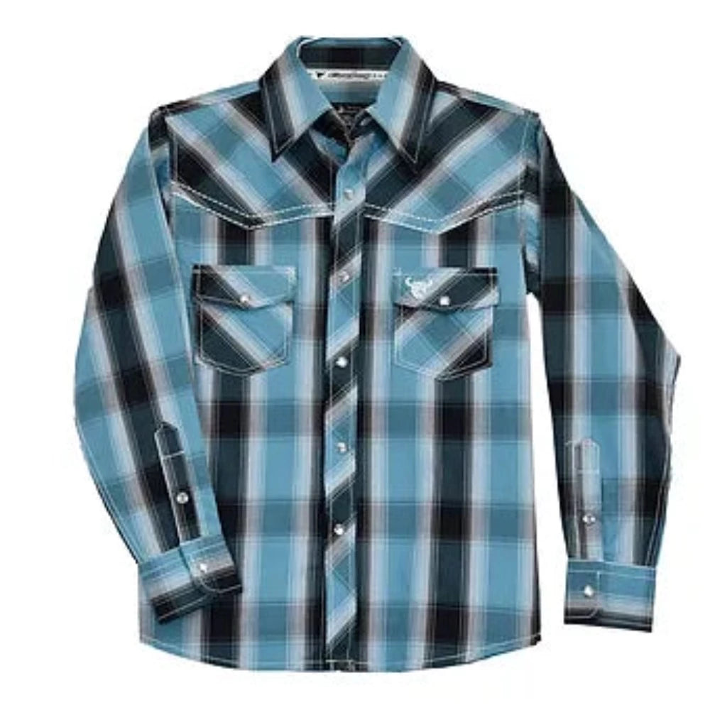 YOUTH BOY'S COWBOY HARDWARE BLUE PLAID PRINT WESTERN SHIRT