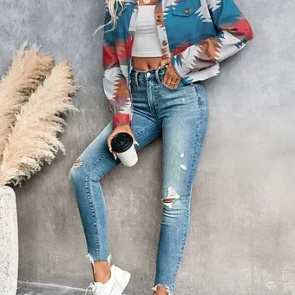 Aztec Design Drop Shoulder Crop Shirt Jacket