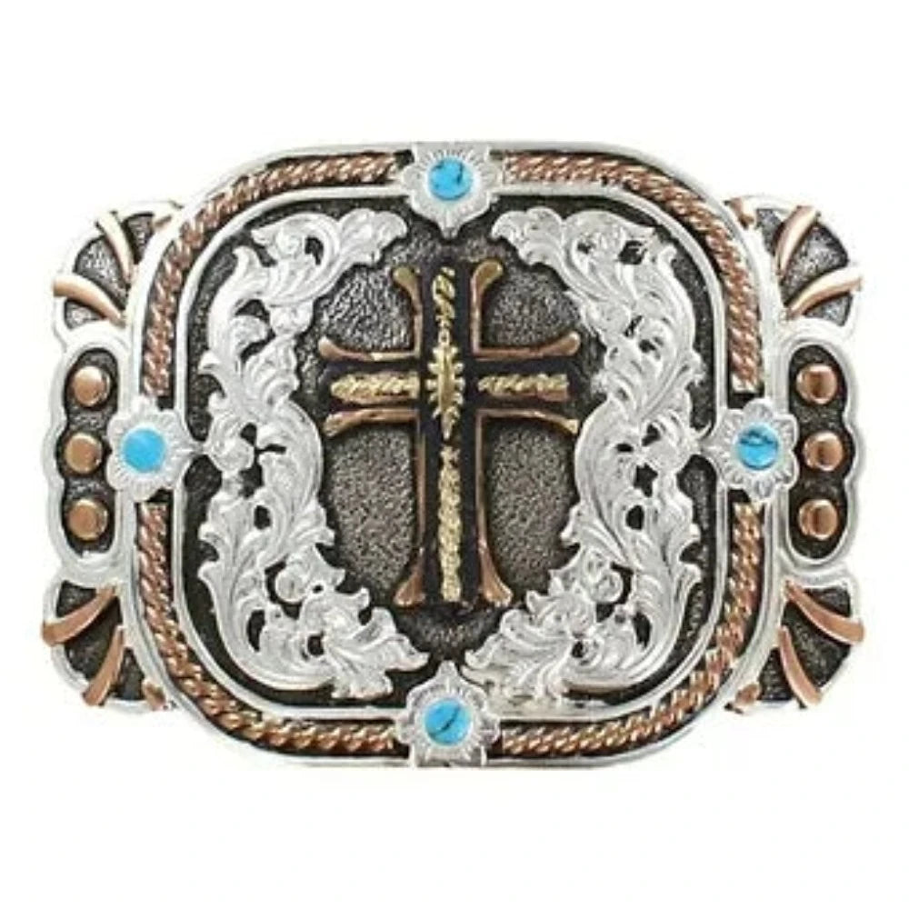 Crumrine Cross Belt Buckle w/ Turquoise stones Silver