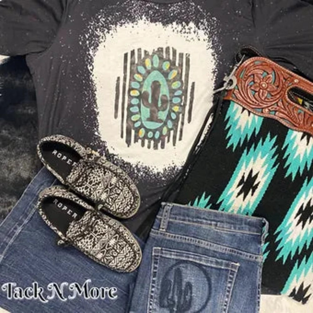 Black Crew Neck Cactus Concho T-Shirt w/ Bleach Spray