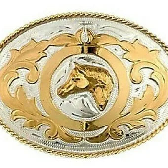 German Silver & Gold Winner's Circle Horse Head Belt Buckle